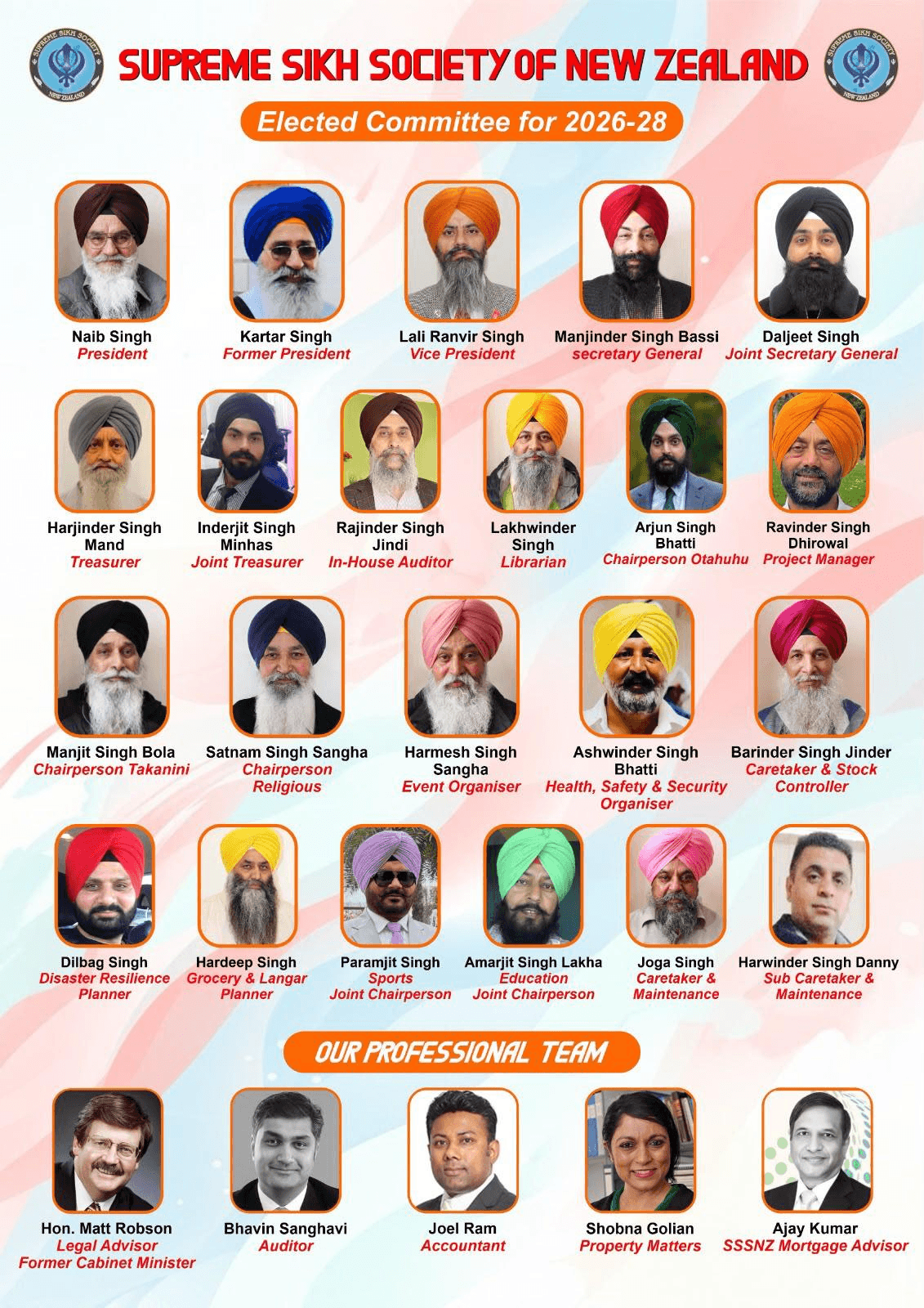 Supreme Sikh Society of New Zealand committee poster showing the elected committee and professional team for 2026–28