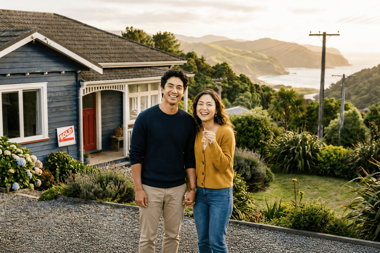 A couple standing outside a sold New Zealand home in a coastal setting