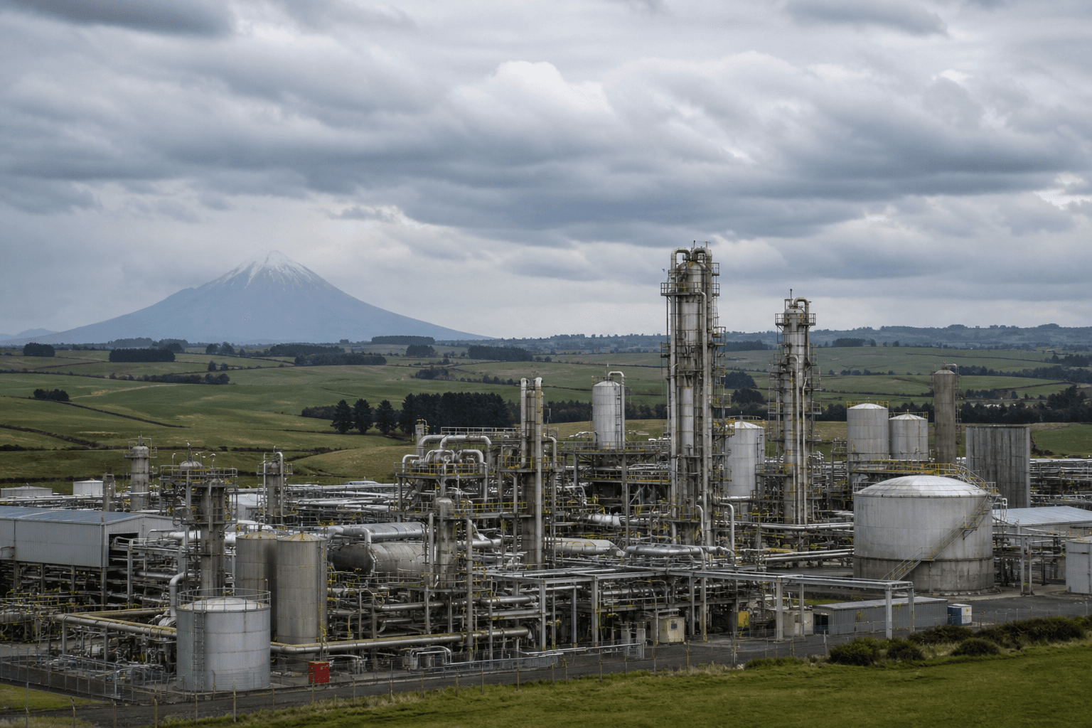 Illustration of a methanol processing facility among green Taranaki farmland beneath a cloudy sky